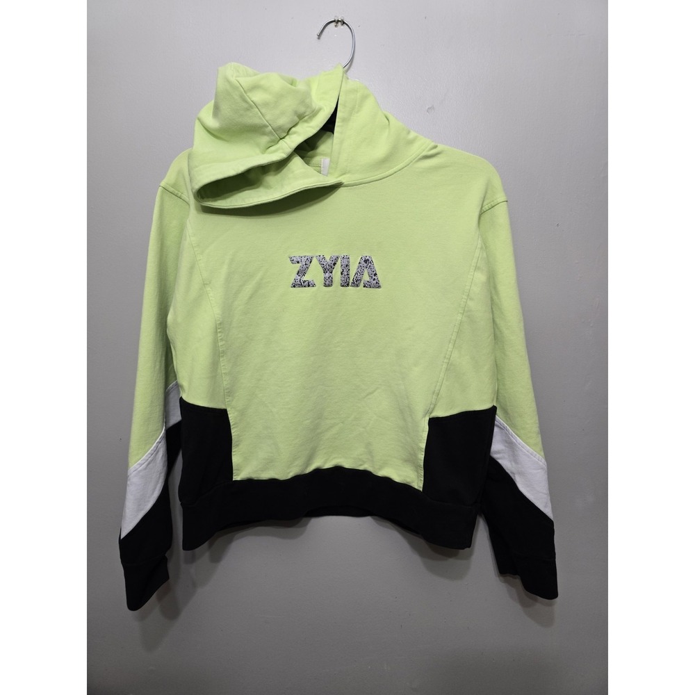 Zyia Cropped Hoodie Womens Size Small Green Black Hooded *no Drawstring*